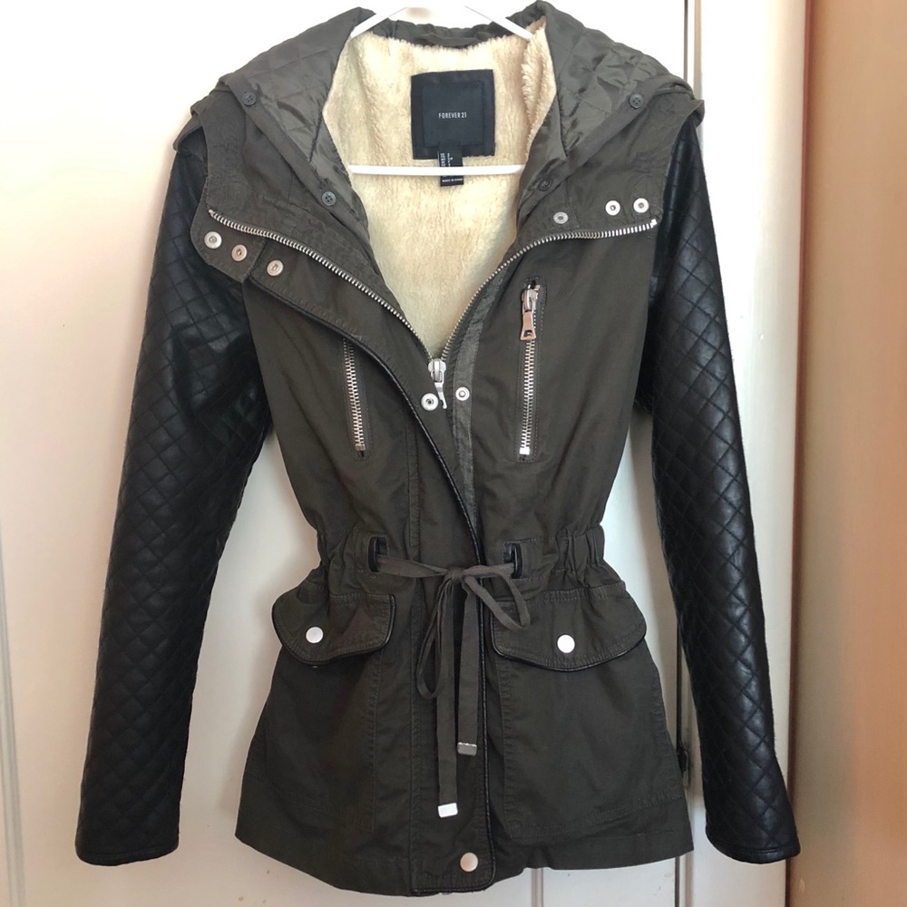 Jacket with quilted faux leather sleeves
